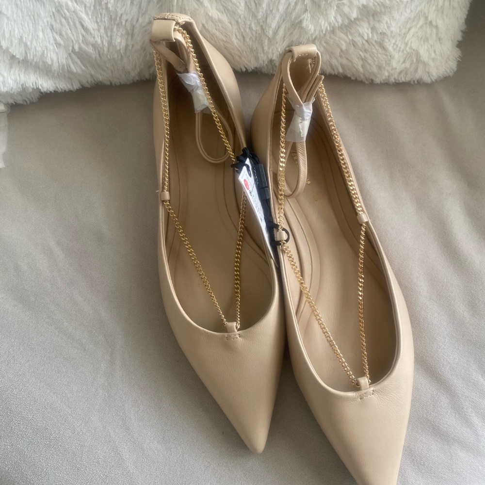 NWT Zara Women's Beige Flats with Gold Chain Accent